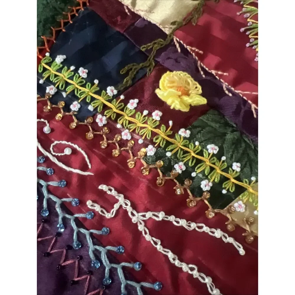 Antique Victorian Style Crazy Quilt Block 16” Silk Velvet Hand Embroidery Beaded